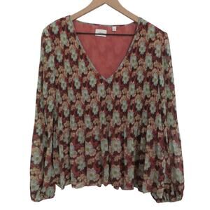 Wilfred Womens Sz M Burgundy Green Floral V Neck Blouse Ruched Front and Back